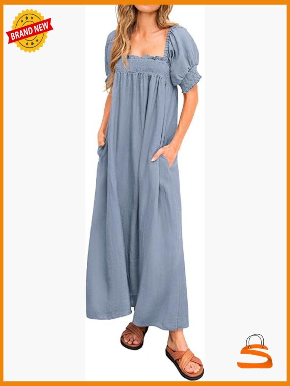 Women's Summer Maxi Dress Loose Puff Sleeve Square Neck Maternity Flowy Long
